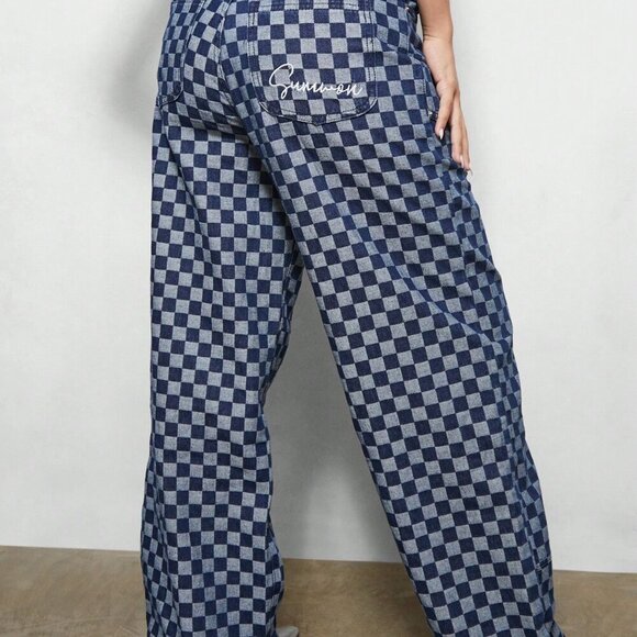 Blue Casual Women's Wide Leg Carpenter Checkboard Jeans - Picture 3 of 4